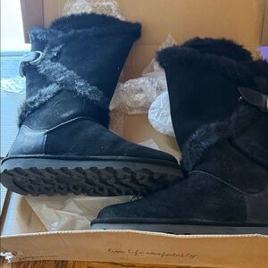 BearPaw Black Suede Faux-Fur Mid-Calf Winter Boots